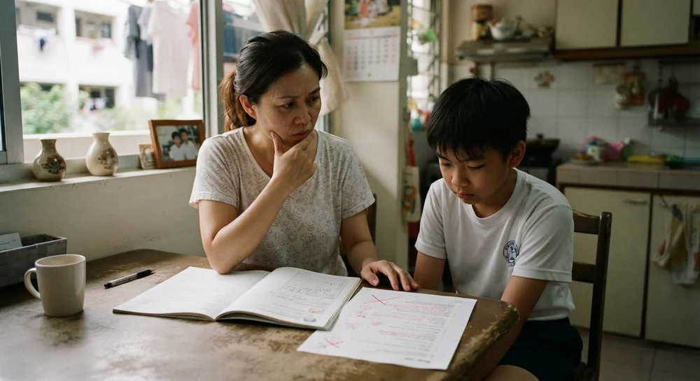 A parent and child reviewing marked maths papers together