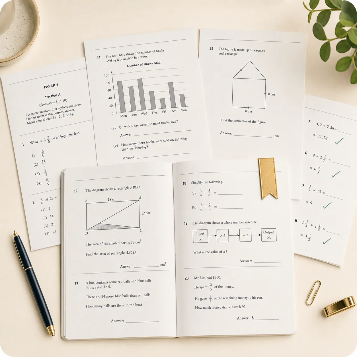 Past-year math exam papers and worked solutions